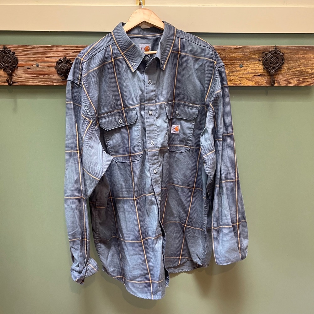 Carhartt FR Flame Resistant Plaid Button Down Shirt 2XL Tall Blue Grey 104507